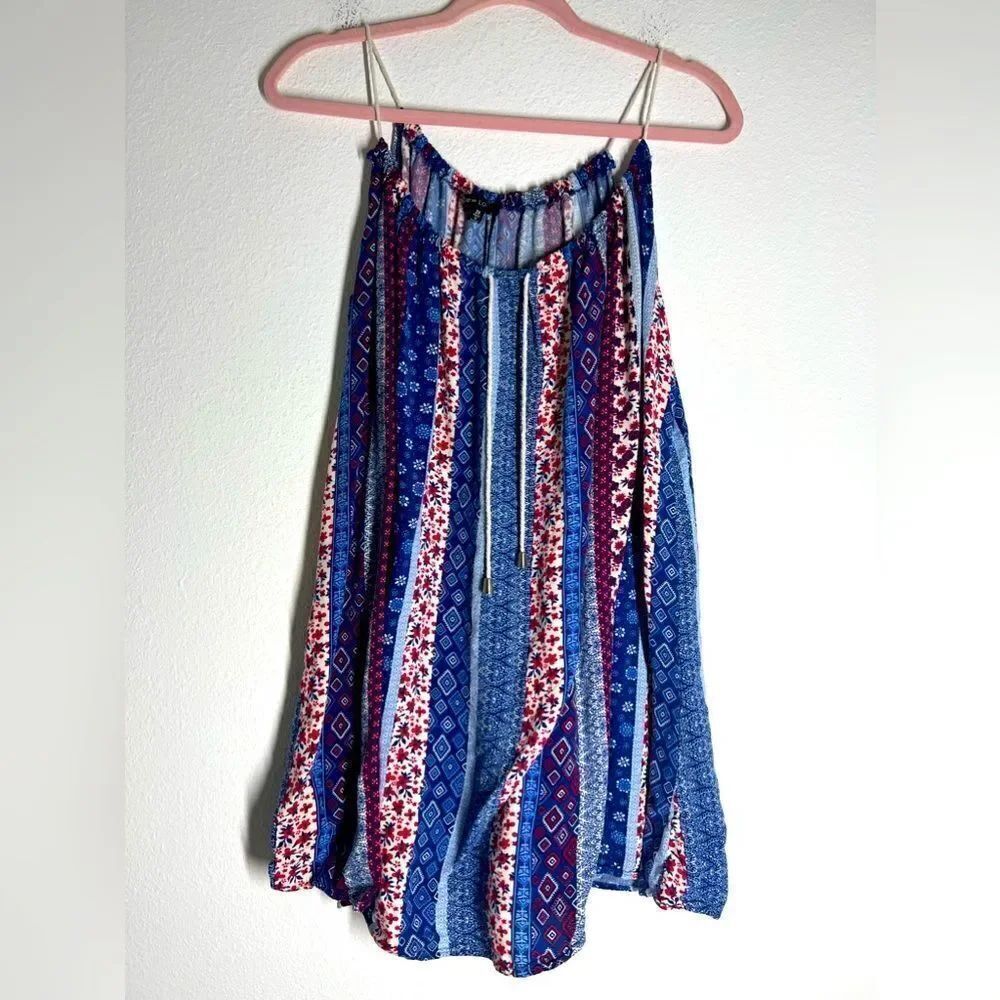 New Look Bohemian Floral Print Top Tunic Shirt Sleeveless Size 2X Tie Front Blue